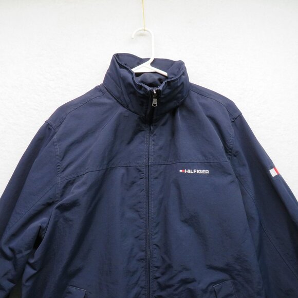 Tommy Hilfiger Jacket Mens Size Large Blue Full Zip Vintage Spellout Hidden Hood - Picture 2 of 12